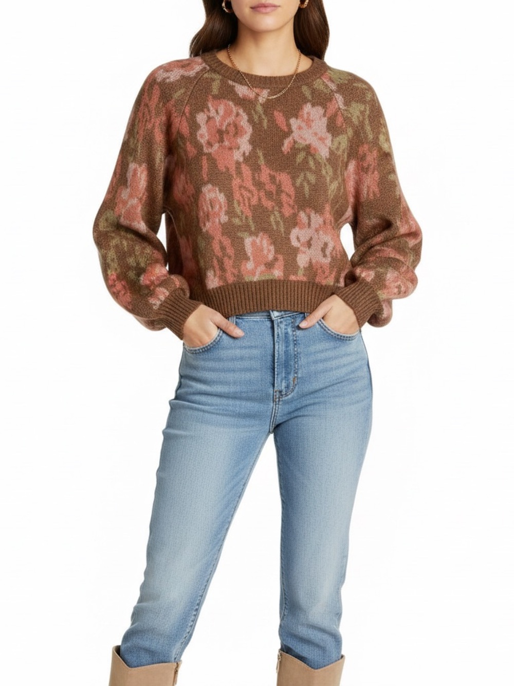 saltwater LUXE Brown Floral Crewneck Sweater with Pink Accents